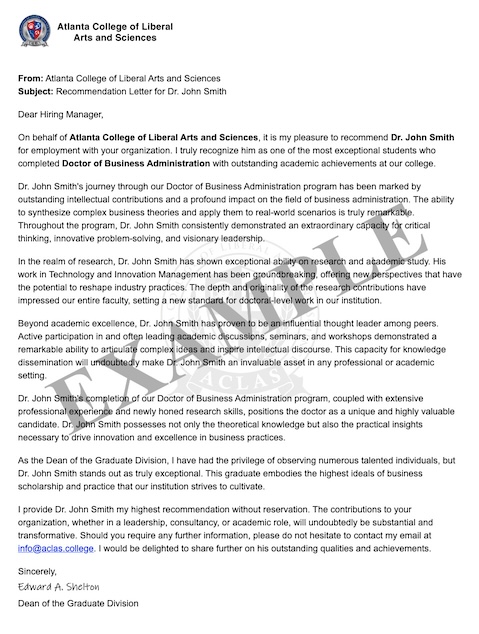Letter of Recommendation sample